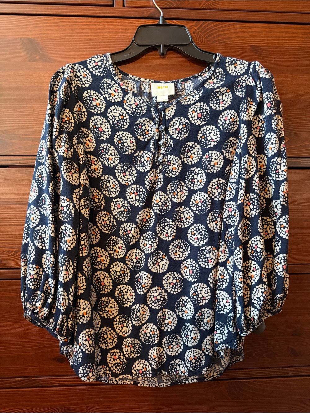 Maeve by Anthropologie Navy Medallion Print Puff Sleeve Blouse Size 10